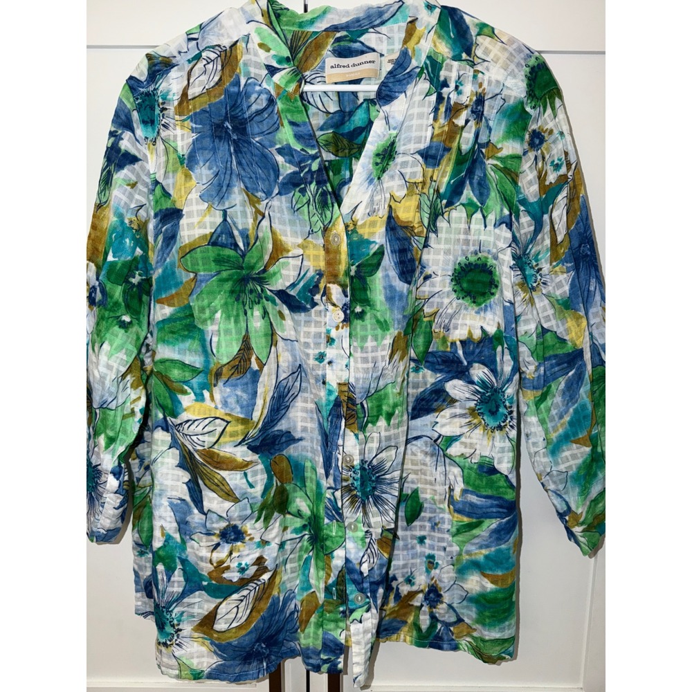 Alfred Dunner Woman Floral Cotton Button Front Blouse Blue Green White 20W